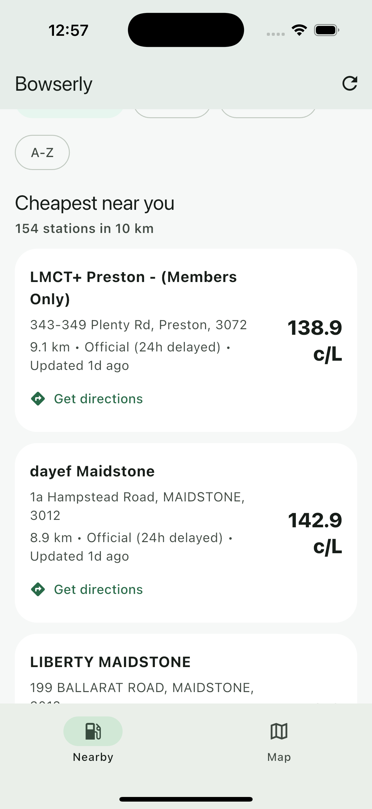 Nearby fuel stations list sorted cheapest first