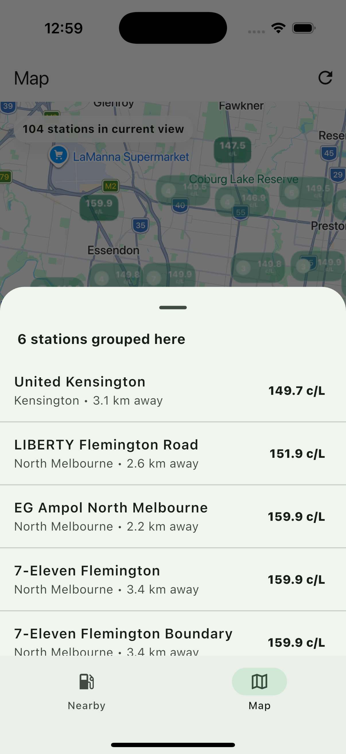 Grouped stations sheet showing prices and distances